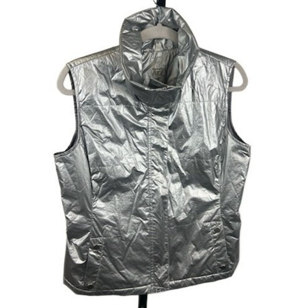 Tail Women's Size Medium Metallic Silver Puffer Vest Stand Up Collar Jacket